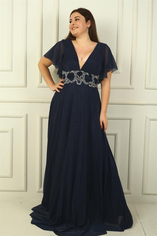 Kadın Ön Arka V Yaka Beli Taş İşlemeli Astarlı Simli Büyük Beden Abiye Elbise