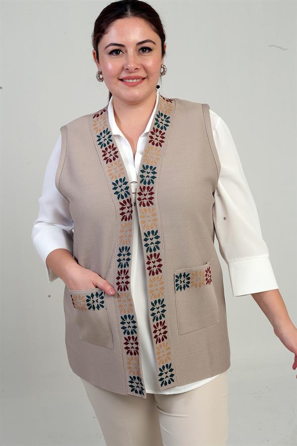 Gilet court en maille pour femme grande taille, à motif floral et poche