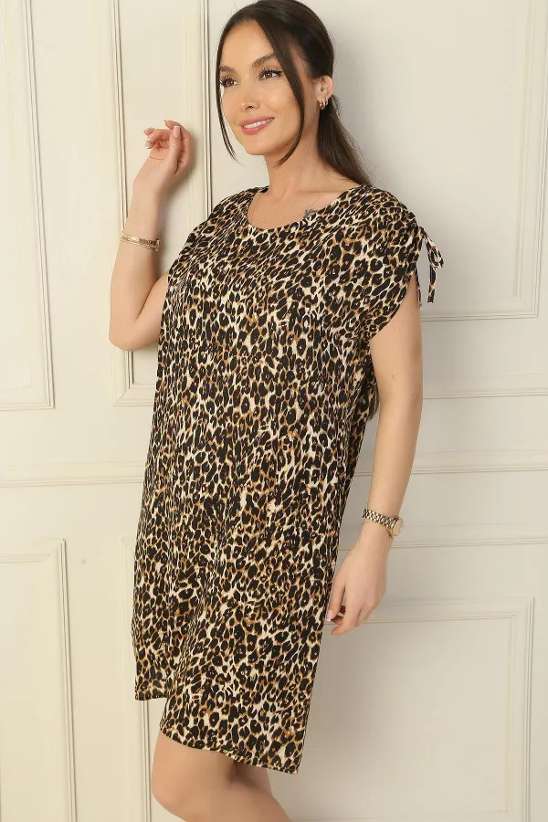 Robe oversize à imprimé léopard, coupe décontractée, manches froncées et détails lacés