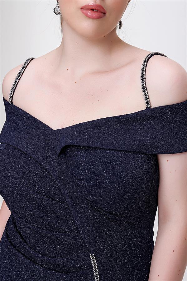 Taşlı İp Askılı Önü Yırtmaçlı Astarlı Büyük Beden Uzun Elbise