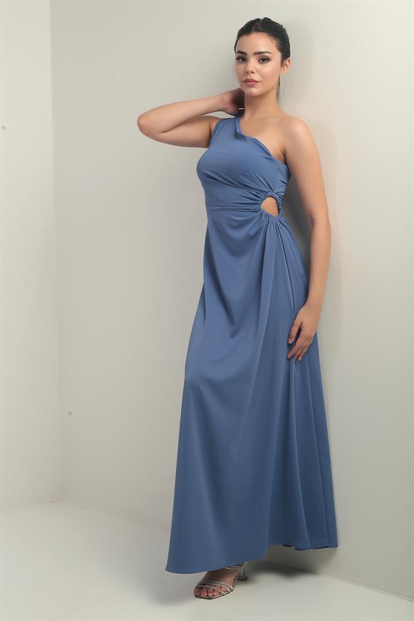 Kadın Tek Omuz Yan Pencere Detaylı Uzun Krep Saten Elbise