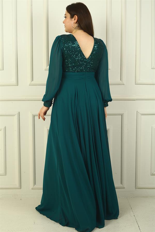 Women's Front and Back V-Neck Sequined Lined Plus Size Long Chiffon Evening Dress