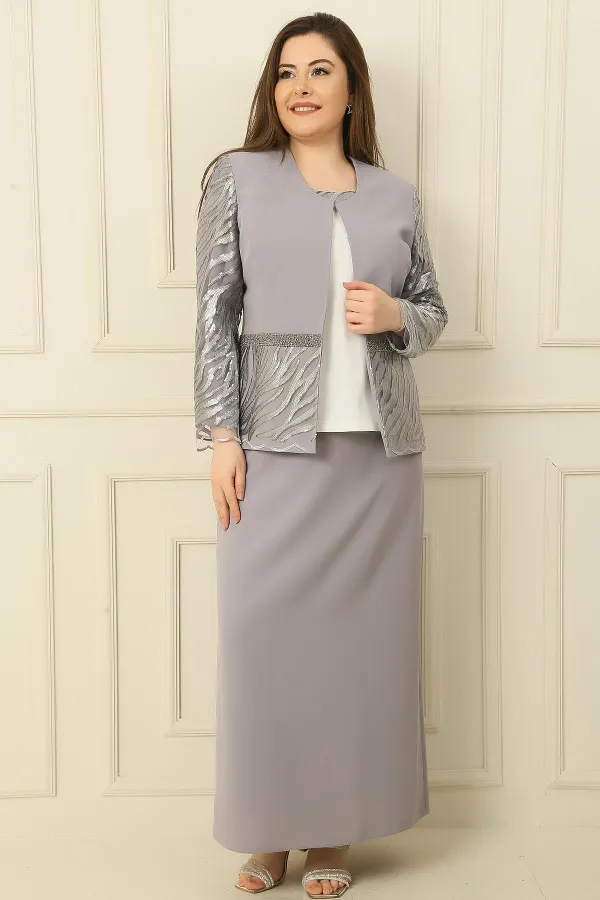 İçi Yarım Ay Kol Bluz Pul NakışişlemeBoncuk Detaylı Ceket Etek Astarlı Büyük Beden 3'lü Takım