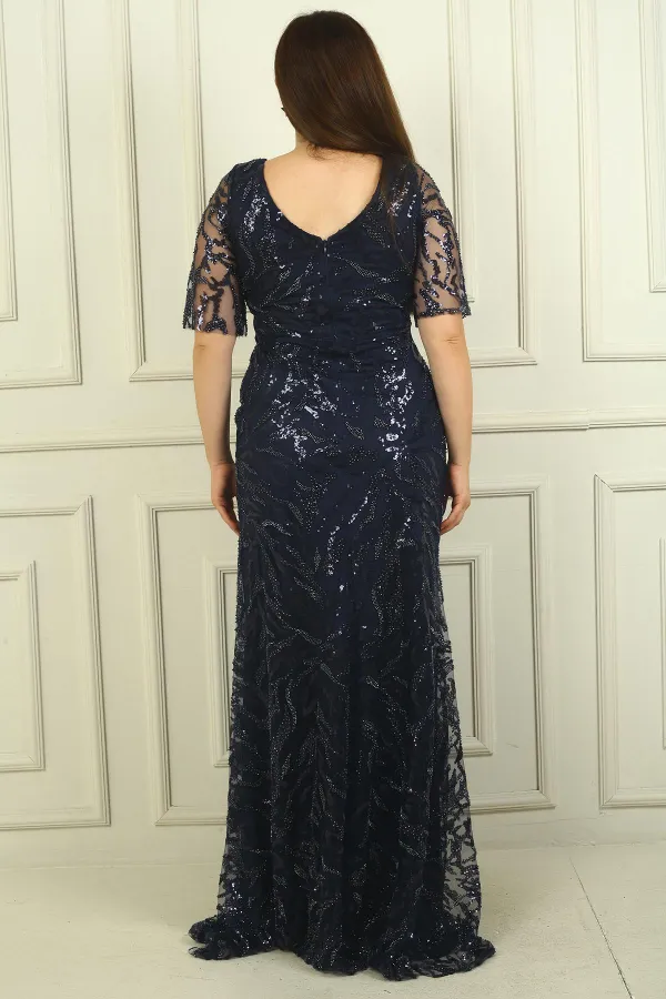 Women's Front Back V Neck Beaded-Sequin Embroidered Lined Plus Size Dress