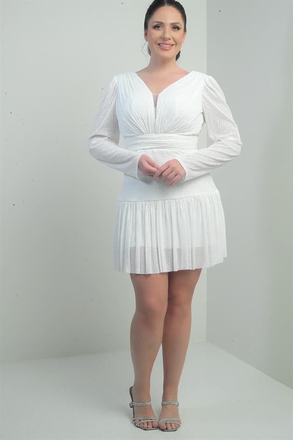 Robe à sequins grande taille pour femme, décolleté en V devant et dos, doublée, manches longues drapées, ornée de sequins.