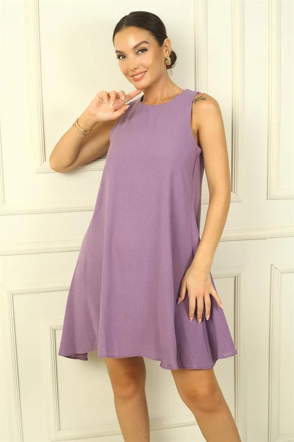 Kadın Kolsuz Keten Efektli Kısa Elbise