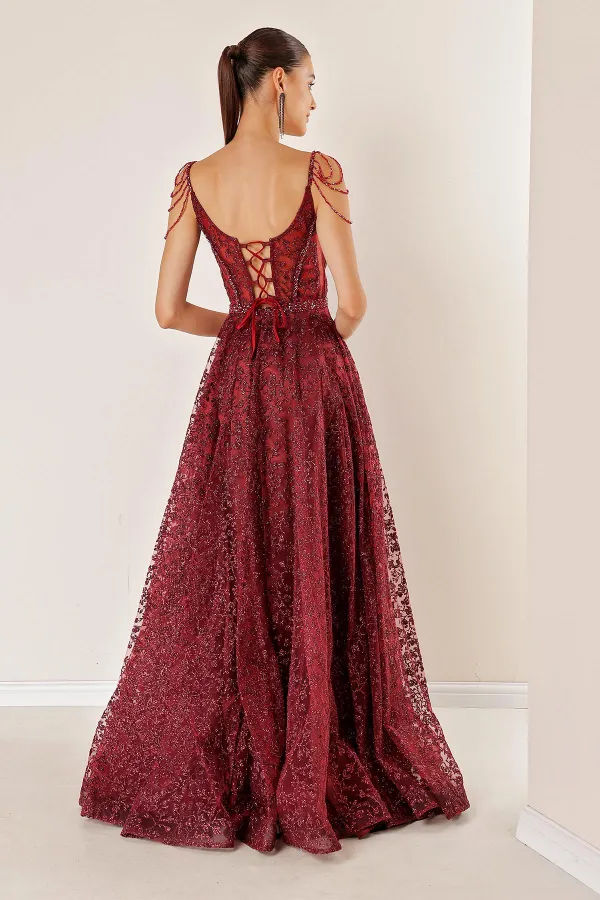 İnce Askılı Boncuk Detaylı Arkası Bağlamalı Astarlı Çiçek Sim Flok Baskılı Uzun Elbise