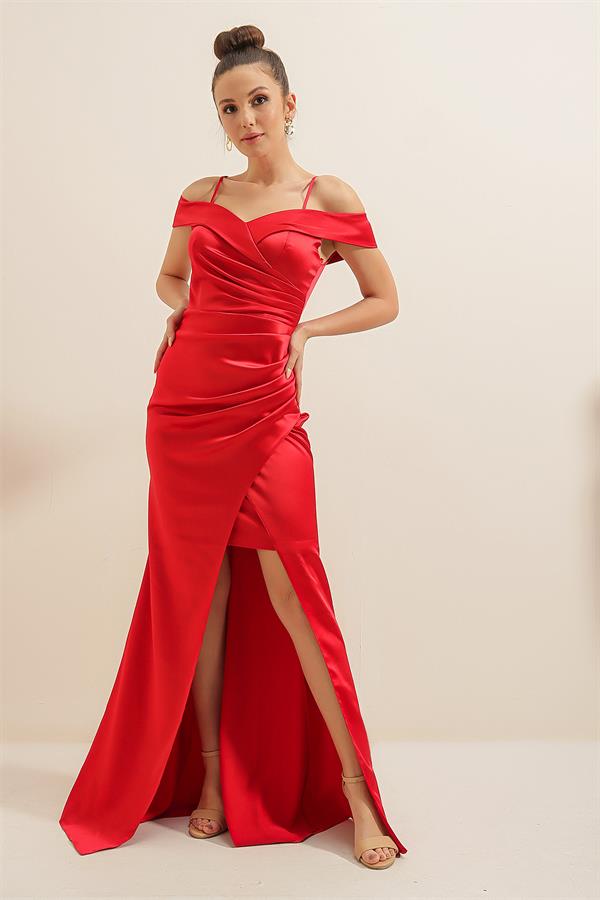 Boat Neck Pleated Skirt Lined Satin Long Dress