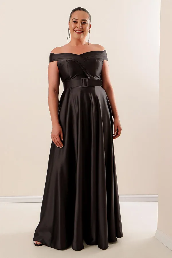 Robe longue en satin grande taille avec col et ceinture, doublée et fendue