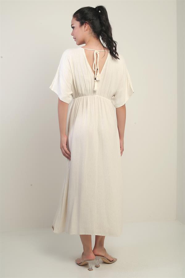 Women's Wrap Neckline Back Lace-Up Embroidered Long Dress