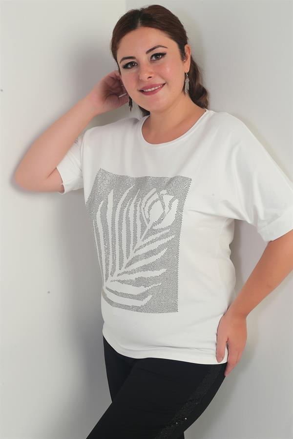 Women's Short Batwing Sleeve Plus Size Blouse with Stone Details and Rose Pattern, Lycra