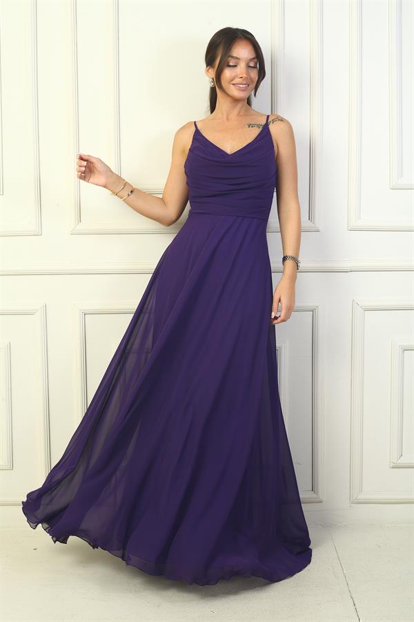 Kadın İp Askılı Drapeli Astarlı Şifon Uzun Elbise