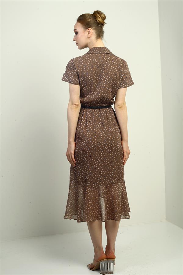 Kadın Kruvaze Yaka Astarlı Çıtır Desen Önü Volanlı Şifon Elbise