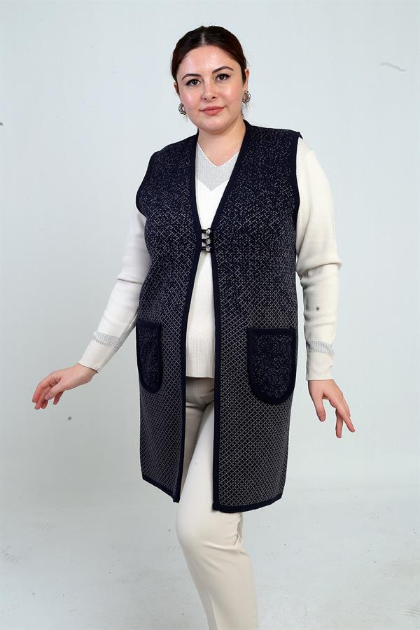 Kadın Önü 3 Düğmeli Mini Artı Desen Büyük Beden Cepli Triko Uzun Yelek