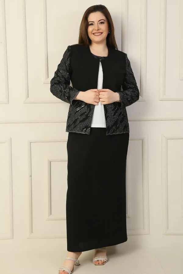 İçi Yarım Ay Kol Bluz Pul NakışişlemeBoncuk Detaylı Ceket Etek Astarlı Büyük Beden 3'lü Takım