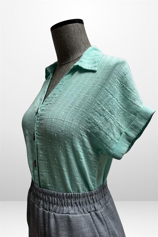 Kadın Polo Yaka Kendinden Desenli Keten Gömlek