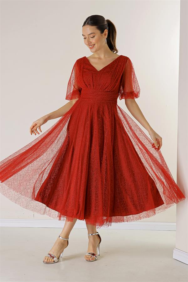 Front and Back V-Neck Short Balloon Sleeved Lined Spider Pattern Glitter Dahlia Fabric Dress