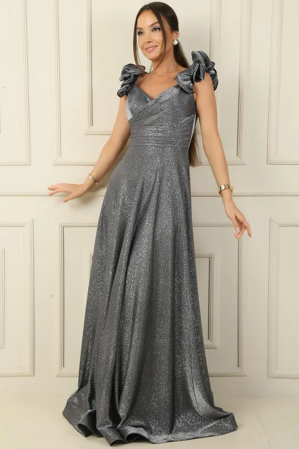 Düşük Volan Kol Drapeli Astarlı Simli Uzun Elbise