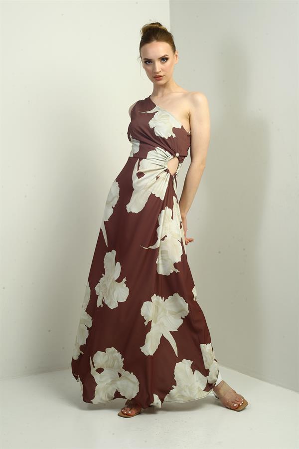 Kadın Tek Omuz Yandan Pencereli Büyük Yaprak Desenli Uzun Krep Saten Elbise