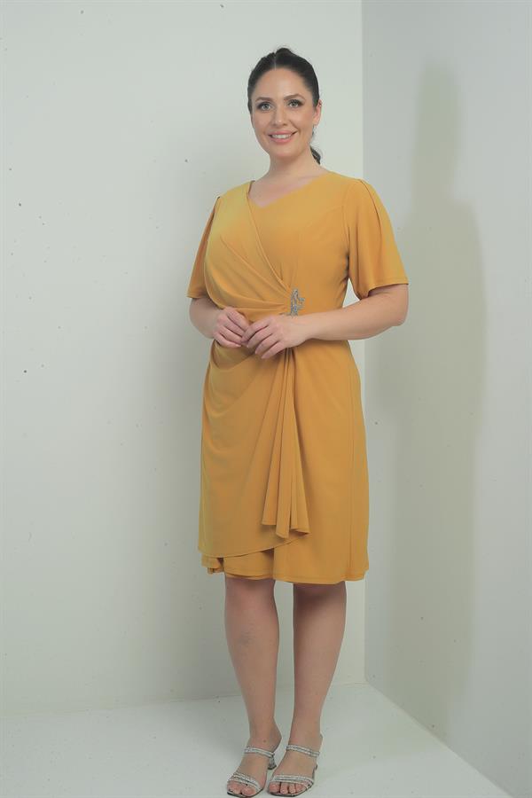 Robe femme à col en V froncée sur le devant avec détails en pierres, doublée, grandes tailles, Lycra