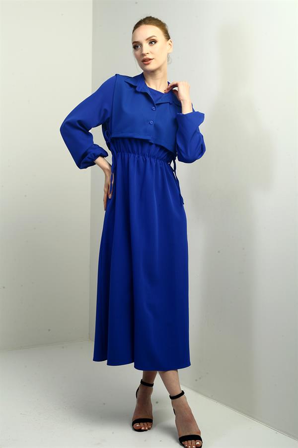 Women's Button-Down Detachable Vest, Elastic Waist, Long-Sleeved Midi Dress