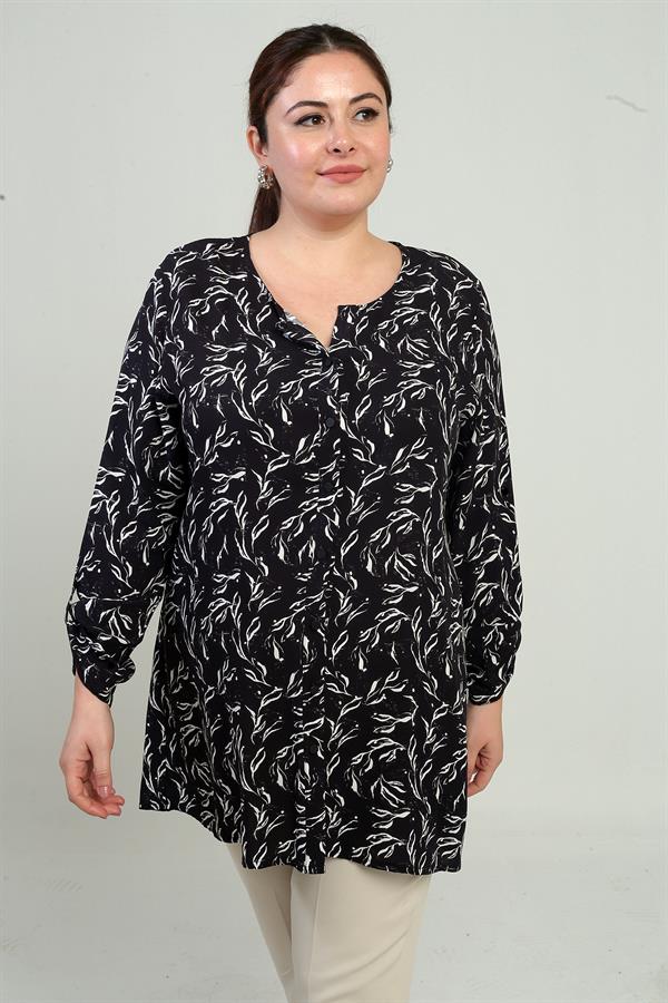 Chemise longue grande taille à col rond et manches repliées à motif de feuilles pour femme