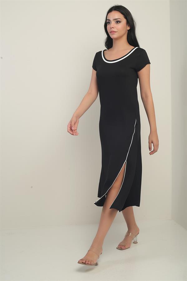 Kadın Madonna Yaka Biye Detaylı Yırtmaçlı Kristal Uzun Elbise