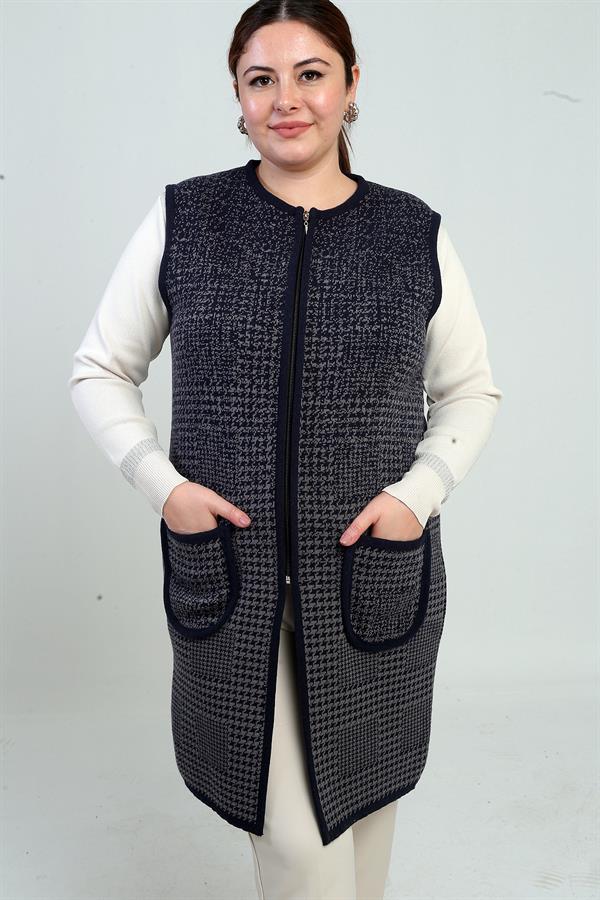 Women's Front Zippered Houndstooth Pattern Plus Size Pocket Knitwear Long Vest
