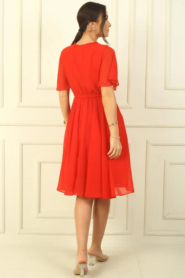 Women's Wrap Neckline Ruffled Sleeve Lined Chiffon Dress