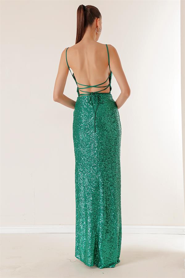 İp Askılı Önü Drapeli Arkası Bağcıklı Astarlı Uzun Pulpayet Elbise