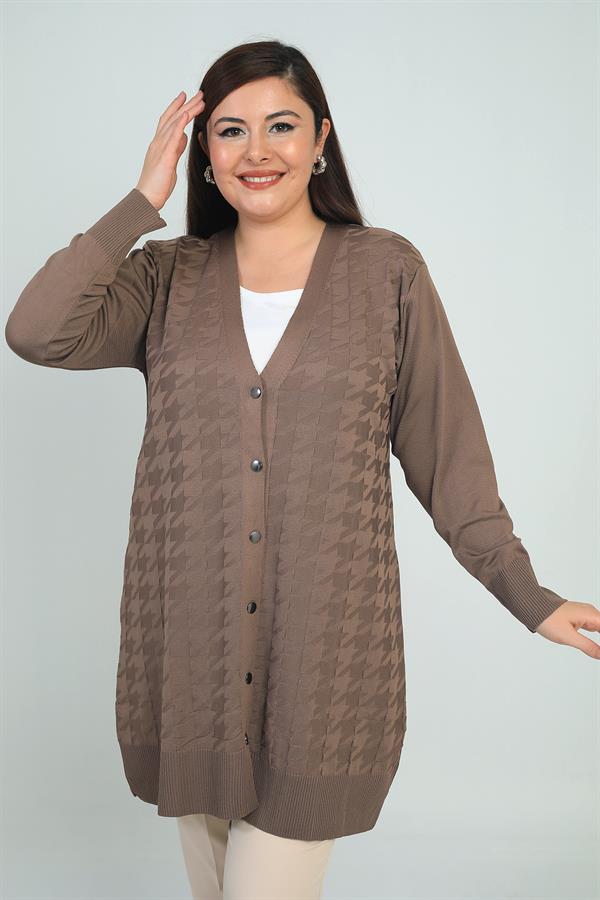 Kadın Büyük Kazayağı Desen Soğuk İplik Büyük Beden Uzun Hırka