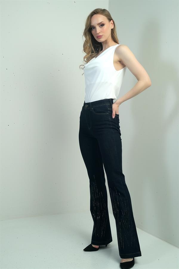 Kadın Taş Detaylı İspanyol Paça Likralı Kot Pantolon