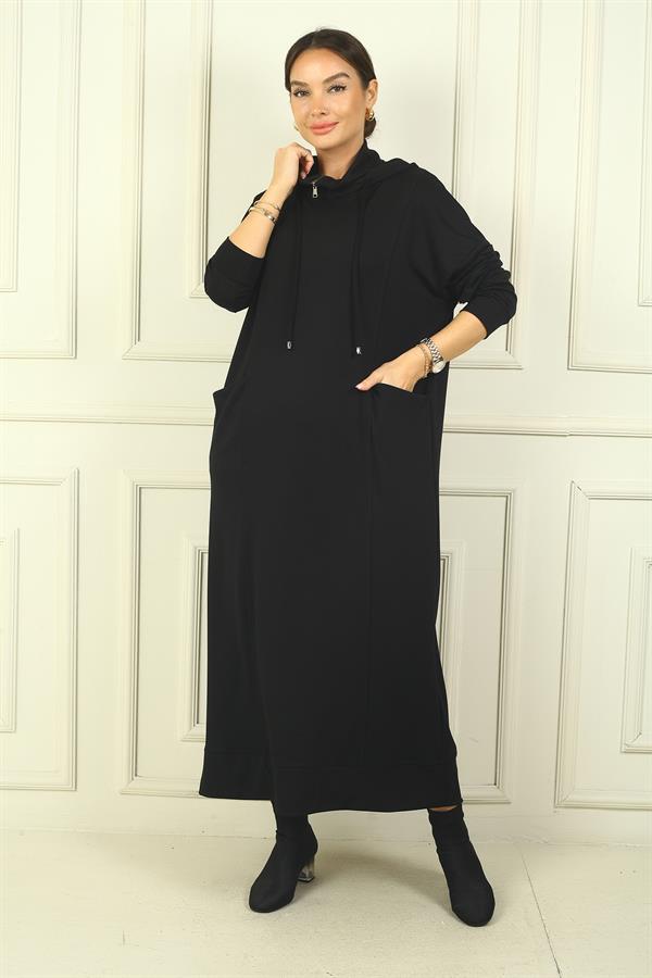 Women's Oysho Long Dress with Collar Zipper, Hood, and Patch Pockets, Relaxed Fit.