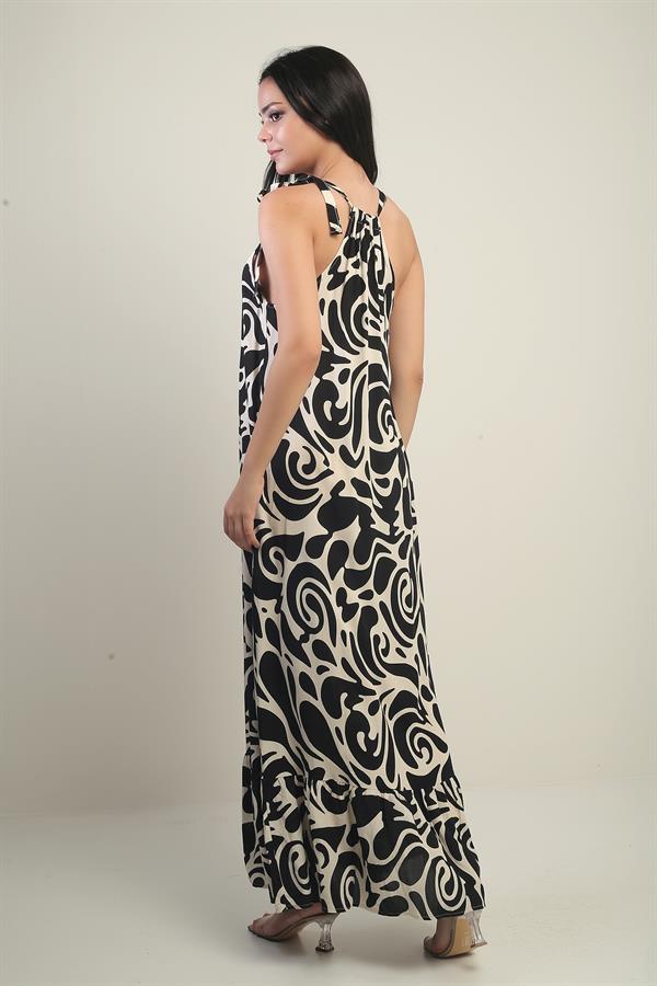 Women's Long Dress with Collar Accessory, Side Lace-up, Pockets, and Mixed Pattern.