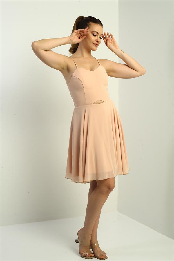 Women's Strappy, Back-Tie, Front-Opening, Lined Chiffon Short Flared Dress