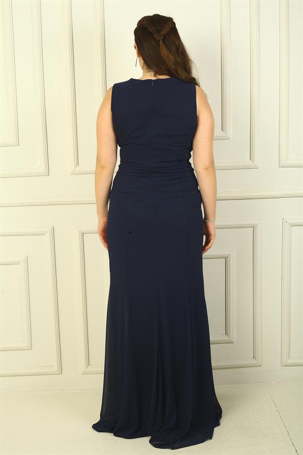 Kruvaze Yaka Önü Büzgülü Astarlı 2 Renk Büyük Beden Şifon Uzun Elbise