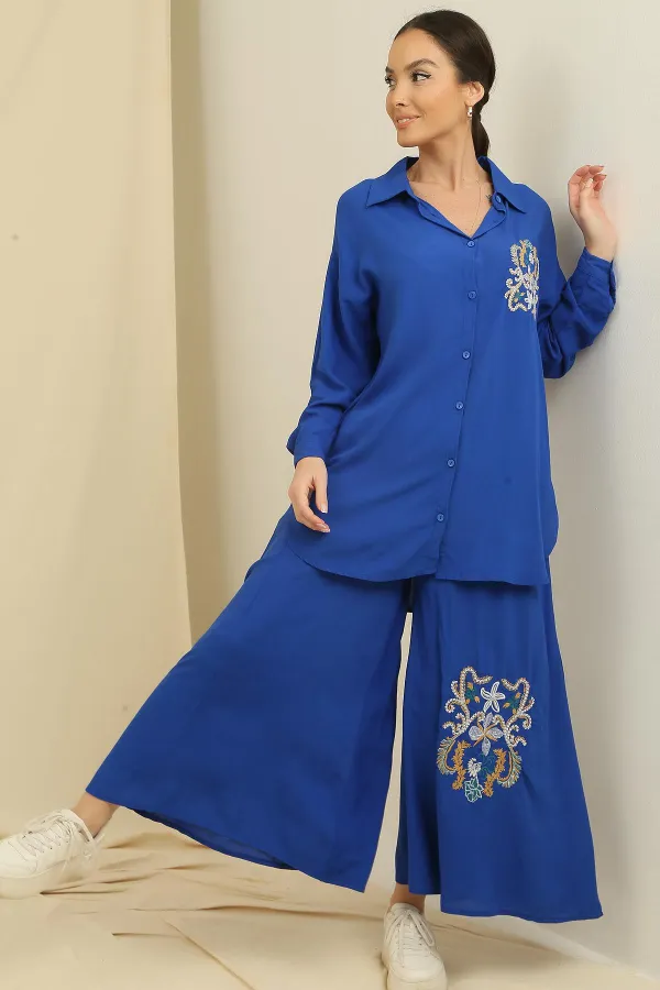 Ensemble 2 pièces tunique avec fentes latérales, taille élastique, poche, pantalon Palozzo et broderie oversize