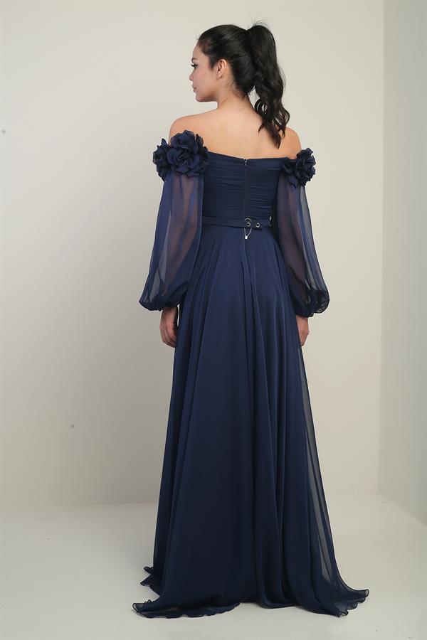 Women's Floral Madonna Neckline Belted Lined Chiffon Long Dress