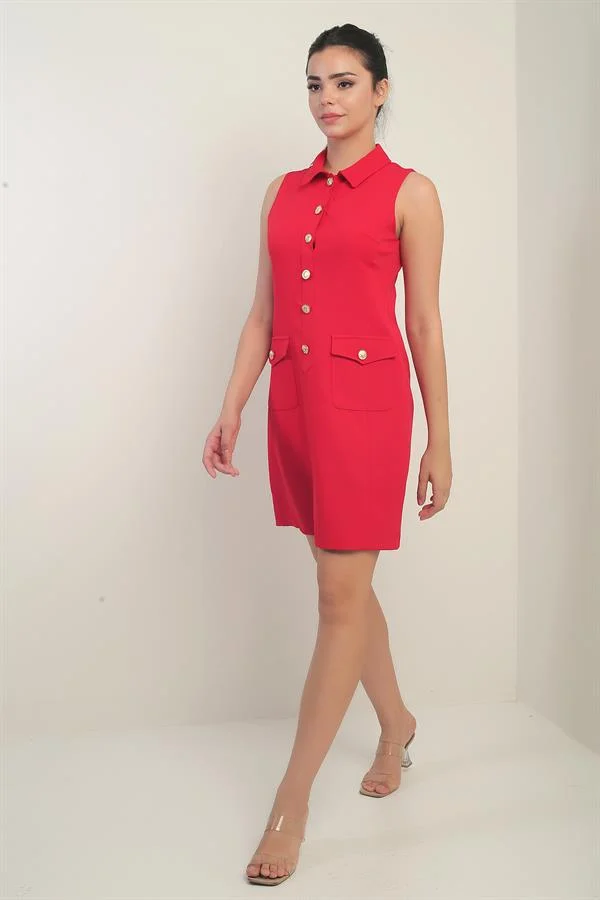Women's Sleeveless Short Dress with Double Pockets and Button Detail