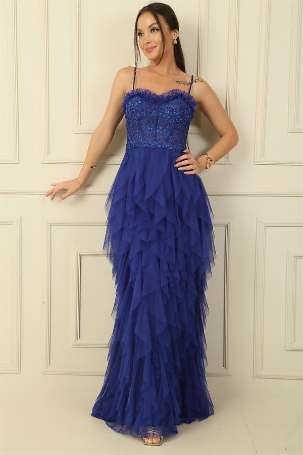 Robe bustier à bretelles perlées, doublure à franges et long tulle