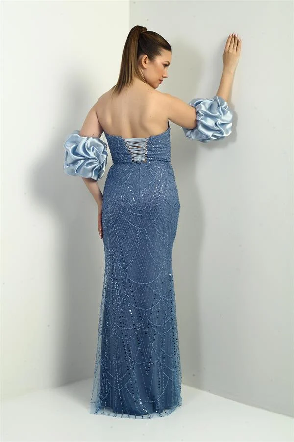 Kadın Straplez Takma Kollu Üstü Tül Pul-Boncuk İşlemeli Astarlı Uzun Abiye Elbise