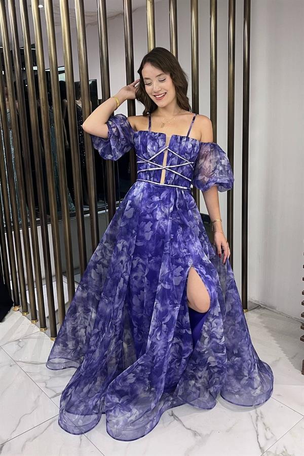 Robe longue en organza floral à fines bretelles et manches basses pour femme, doublée sur le devant, avec passepoil détaillé