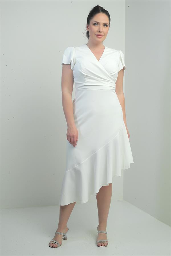 Women's Wrap Neckline Draped Front Lined Ruffled Skirt Plus Size Crepe Dress