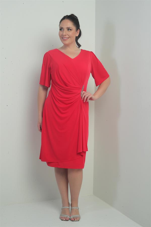 Robe femme à col en V froncée sur le devant avec détails en pierres, doublée, grandes tailles, Lycra