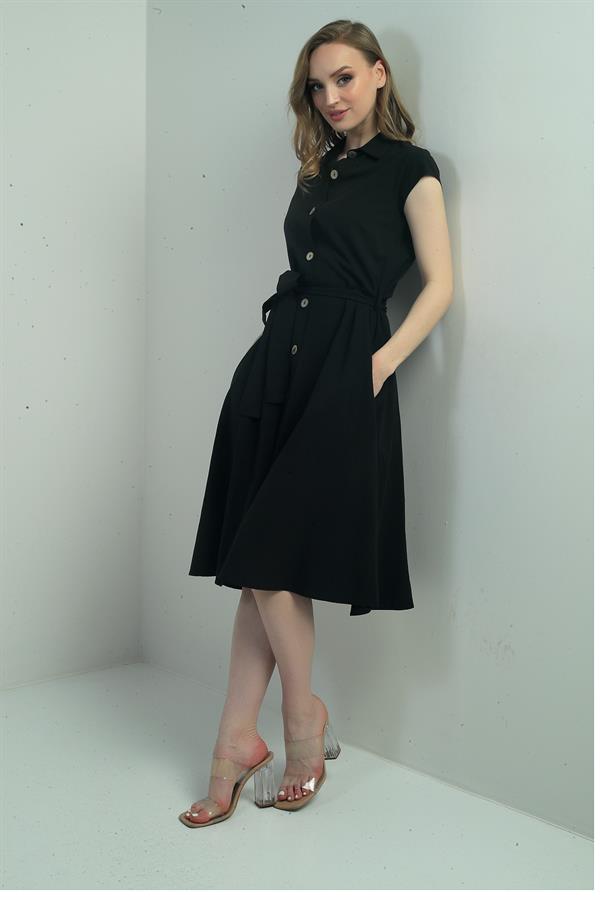Women's Button-Front Belted Shirt Collar Short-Sleeve Dress