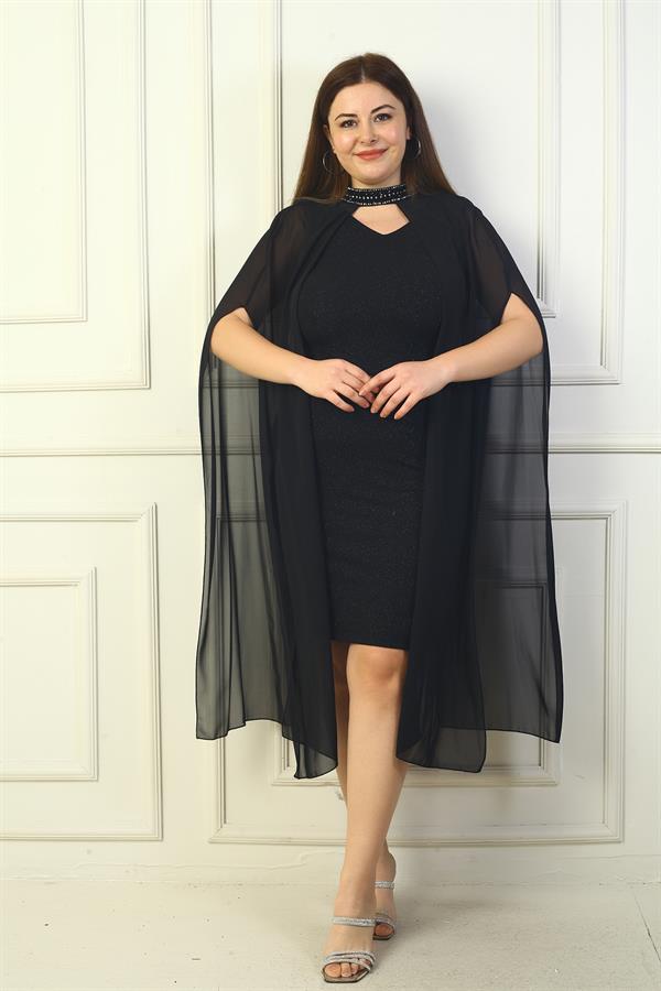 Women's V-Neck Lined Plus Size Glitter Dress with Chiffon Cape