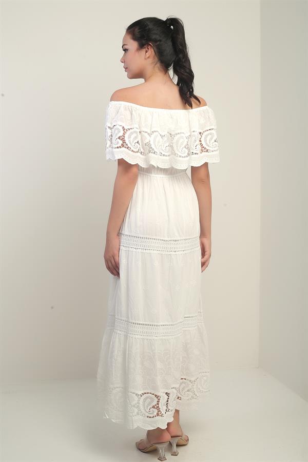 Women's Madonna Neckline Lined Long Dress with Lace Details and Embroidery