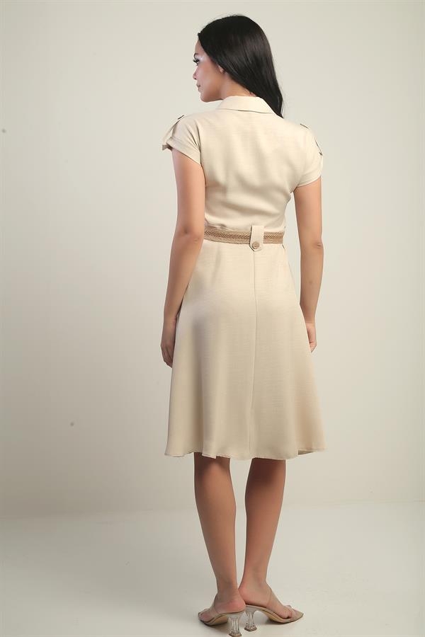 Women's Collared, Off-Shoulder, Double-Pocket, Belted Linen-Effect Dress