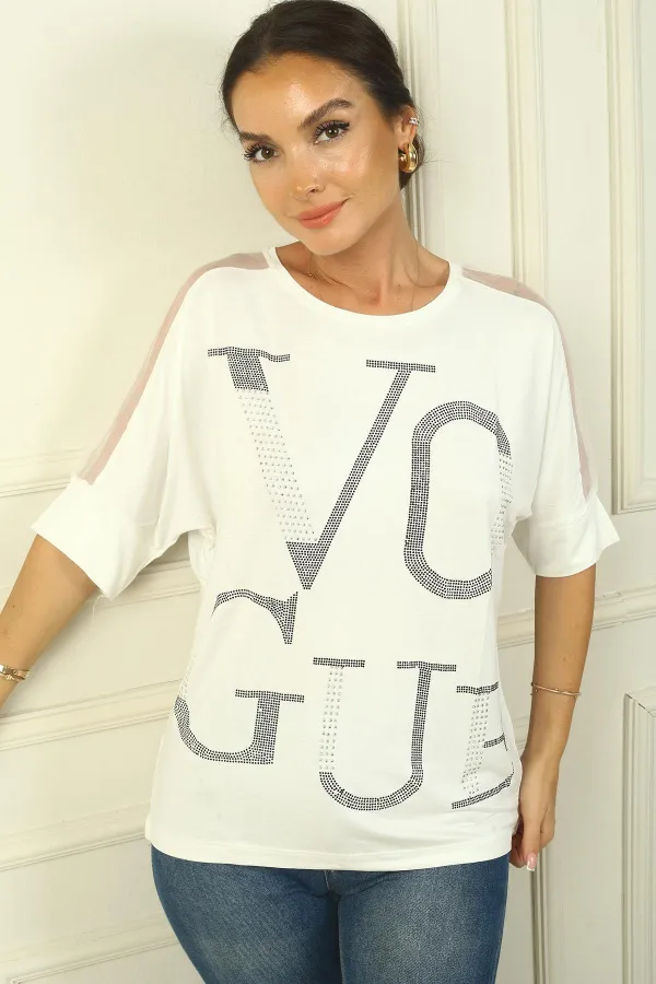 Women's Off-Shoulder Tulle Embroidered Blouse with Rhinestone and Lettering on the Front, Wide Fit
