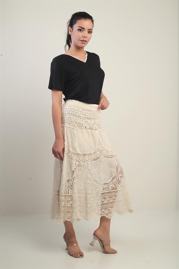 Kadın Beli Lastikli Astarlı Dantel Fisto Midi Etek